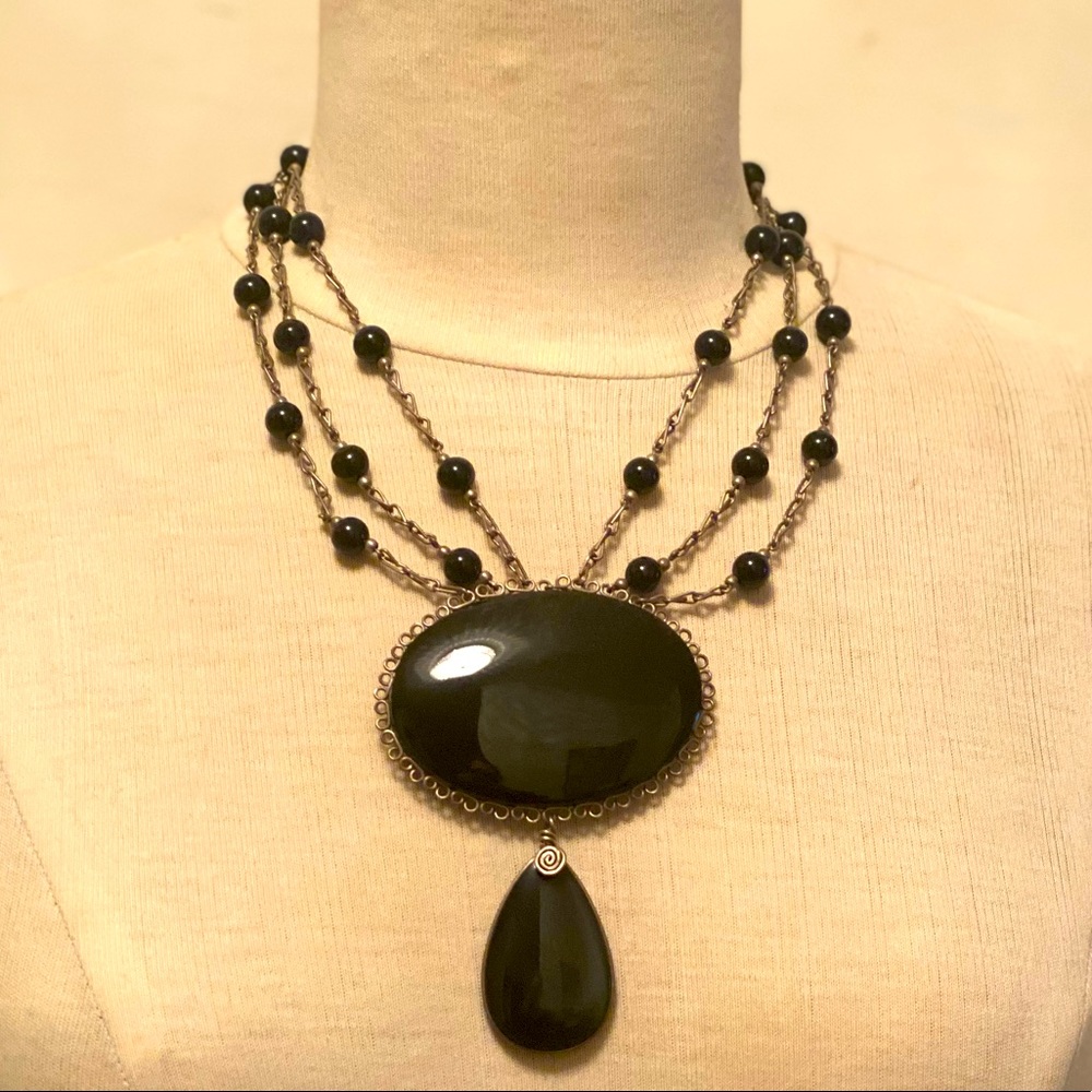 Sterling Silver and Obsidian 3 strand one of a kind necklace.